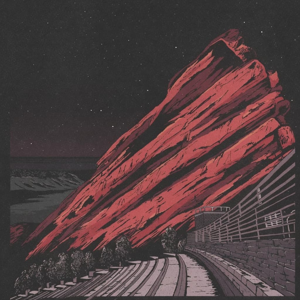 Stylized illustration of Red Rocks Amphitheatre at dusk